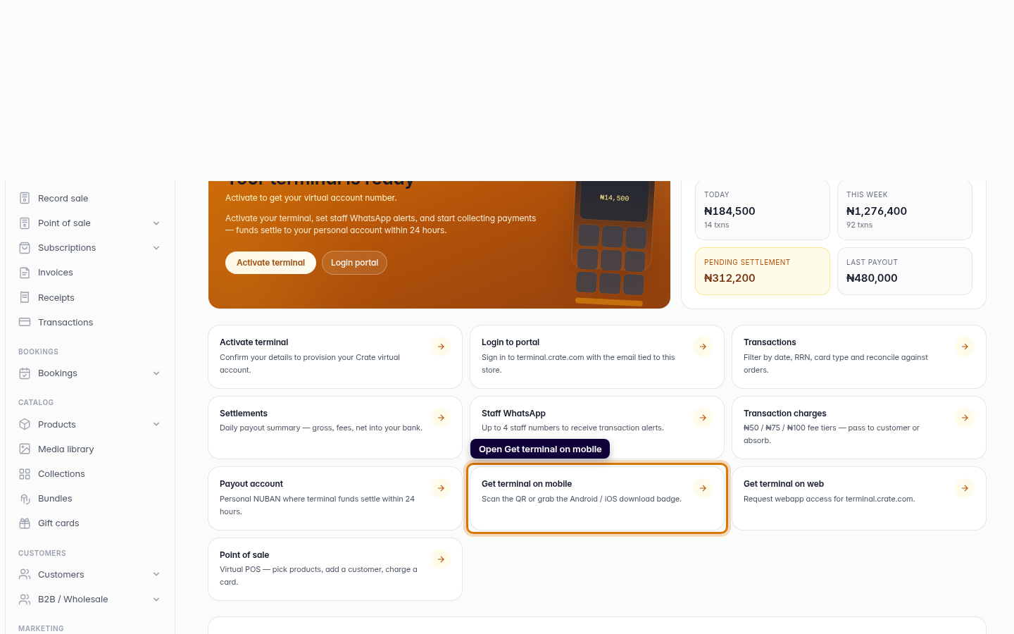 View your Terminal on the mobile app: step 1 (web)