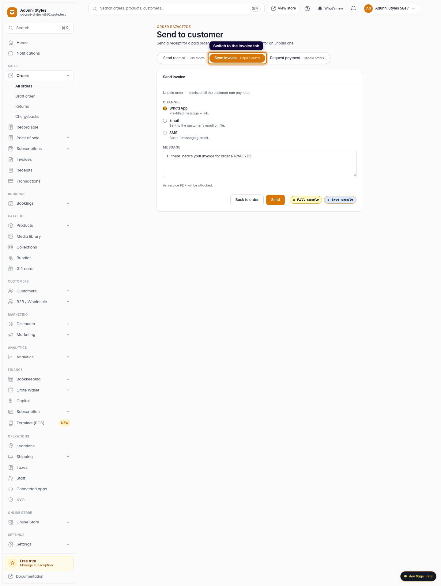 Add a note when you send an invoice: step 3 (web)