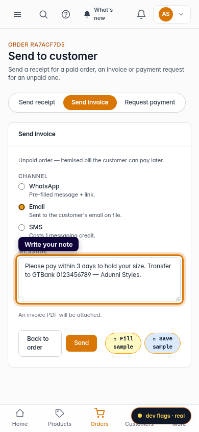 Add a note when you send an invoice: step 5 (mobile)