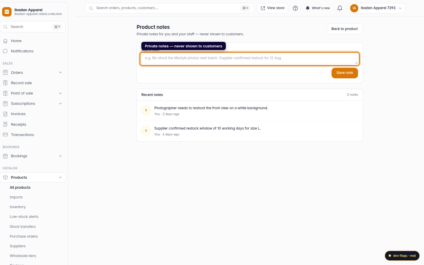 Add notes to a product: step 2 (web)
