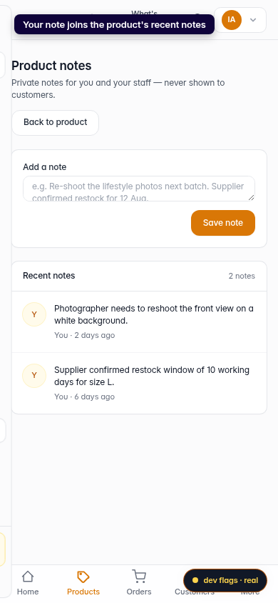 Add notes to a product: step 4 (mobile)