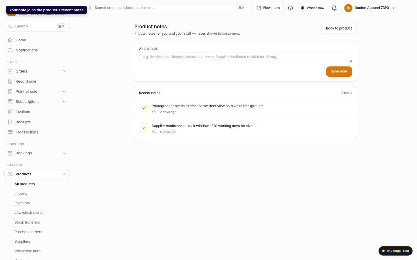 Add notes to a product: step 4 (web)