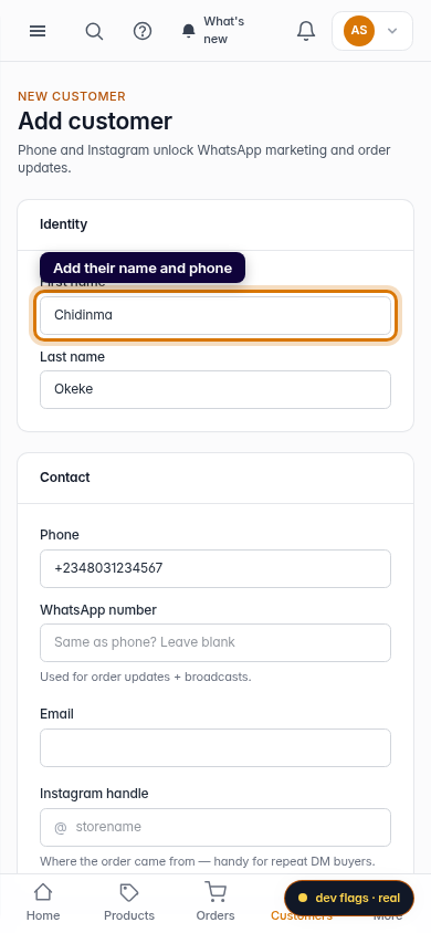 Adding a customer: step 3 (mobile)