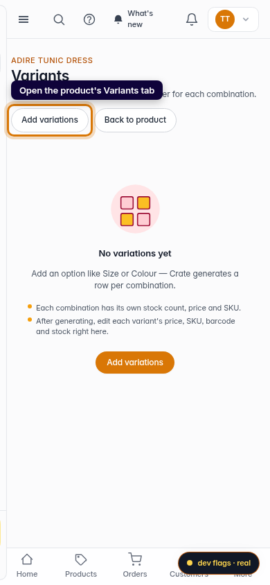 Add and delete product variations: step 1 (mobile)