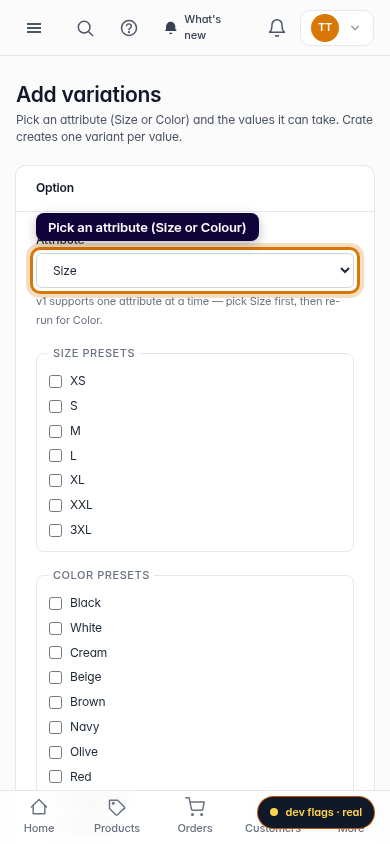 Add and delete product variations: step 2 (mobile)