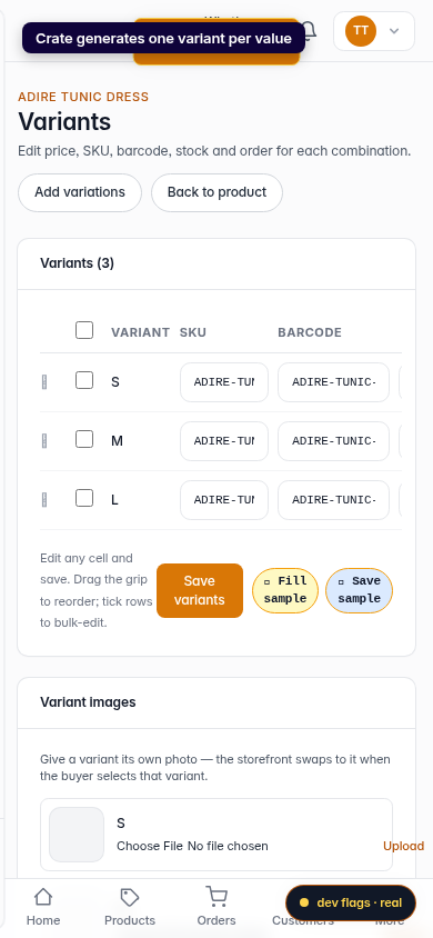 Add and delete product variations: step 4 (mobile)