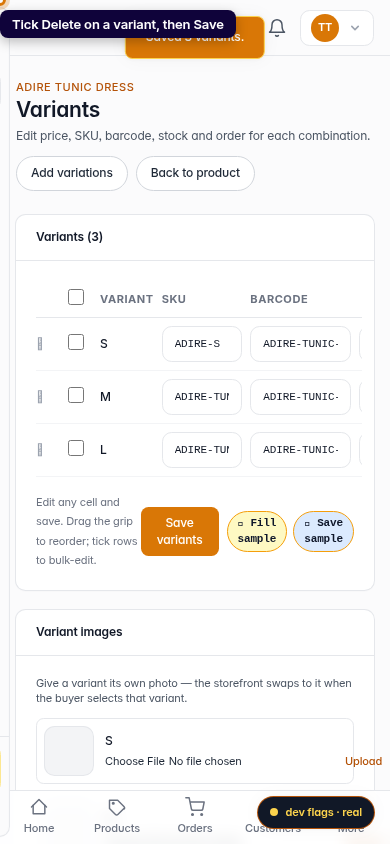 Add and delete product variations: step 6 (mobile)