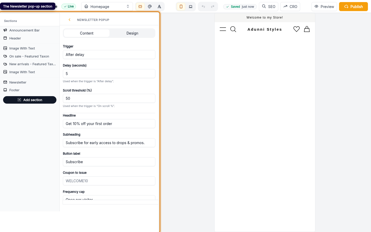Add and edit your newsletter pop-up: step 2 (web)
