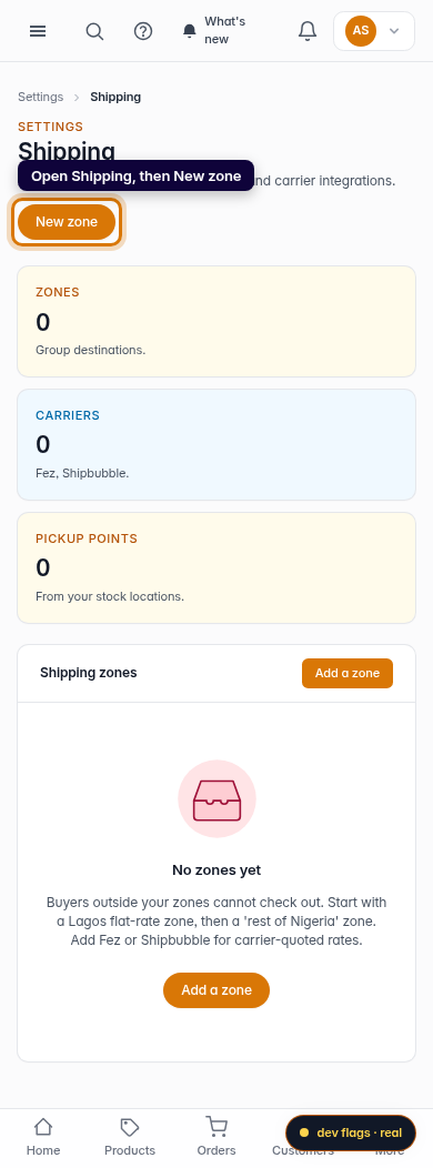 Add a manual shipping price: step 1 (mobile)