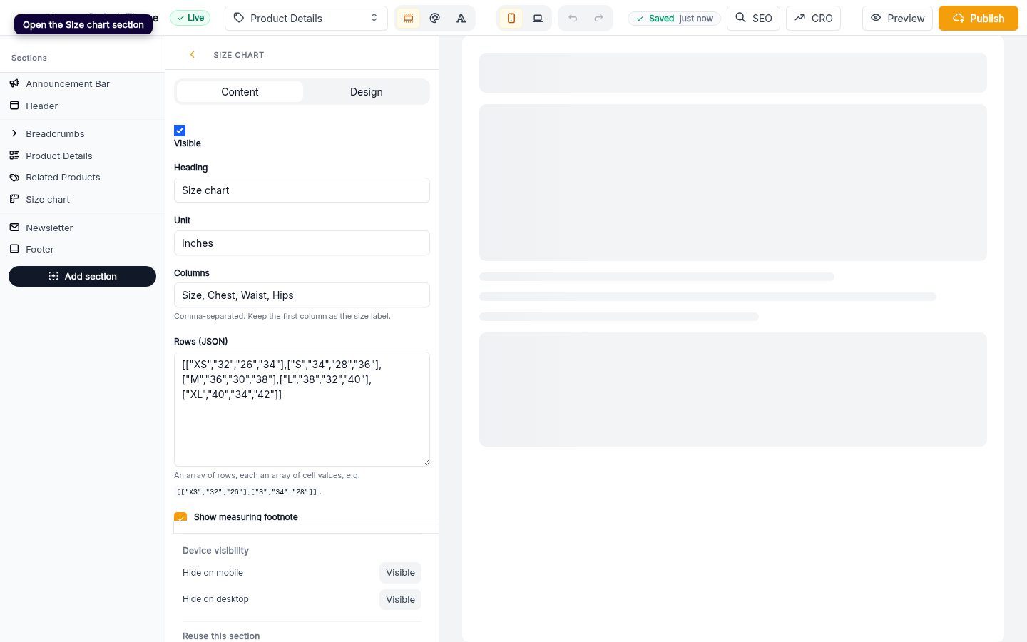 Adding a size chart to your store: step 1 (web)