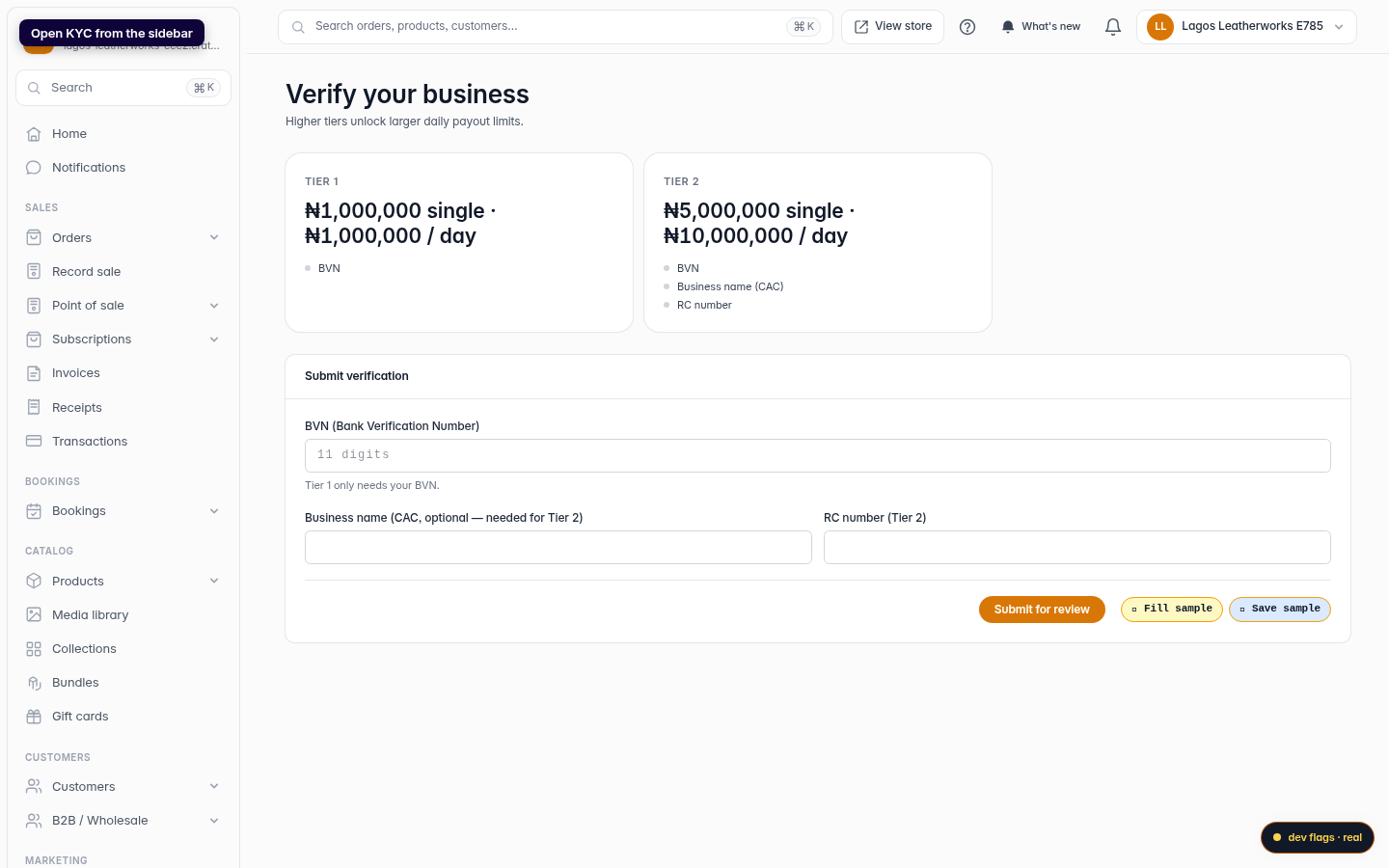 Verifying your business (KYC): step 1 (web)