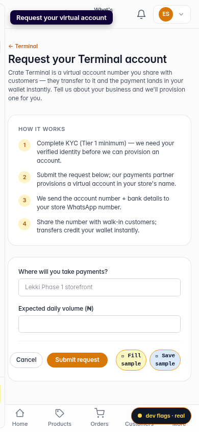 Crate Terminal: setup and user guide: step 1 (mobile)