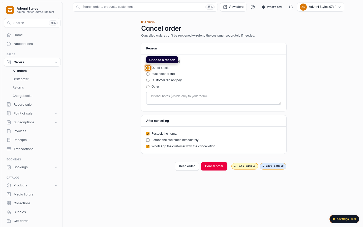 Cancelling an order: step 3 (web)