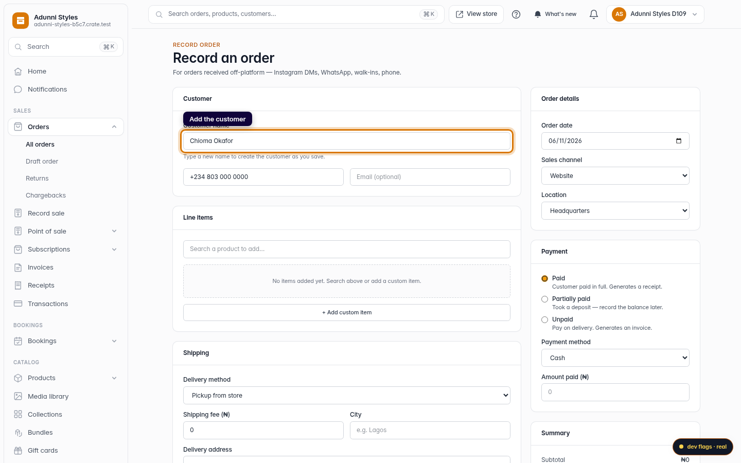 Creating an order, invoice or receipt: step 2 (web)