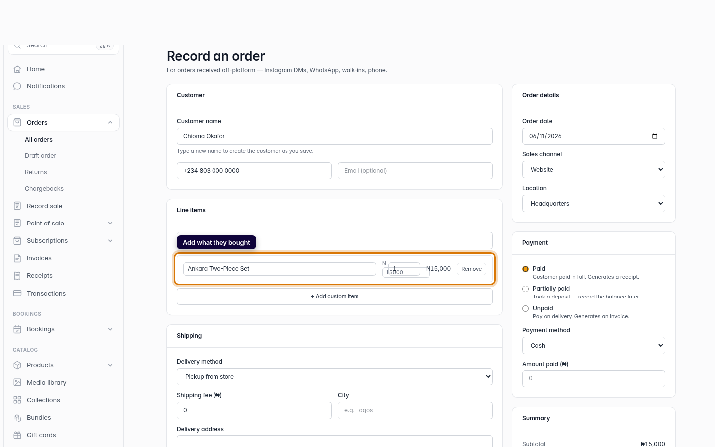 Creating an order, invoice or receipt: step 3 (web)