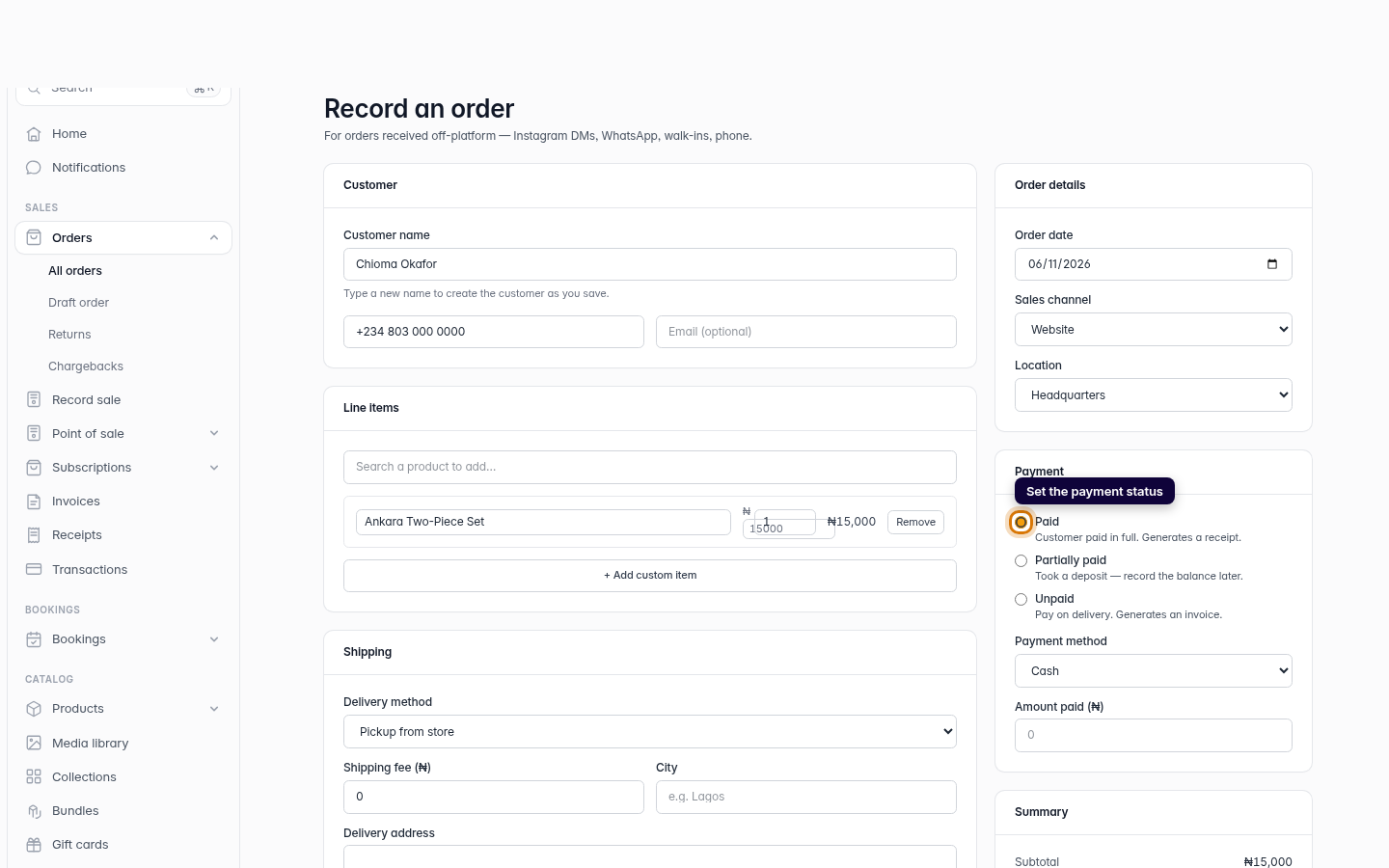 Creating an order, invoice or receipt: step 4 (web)
