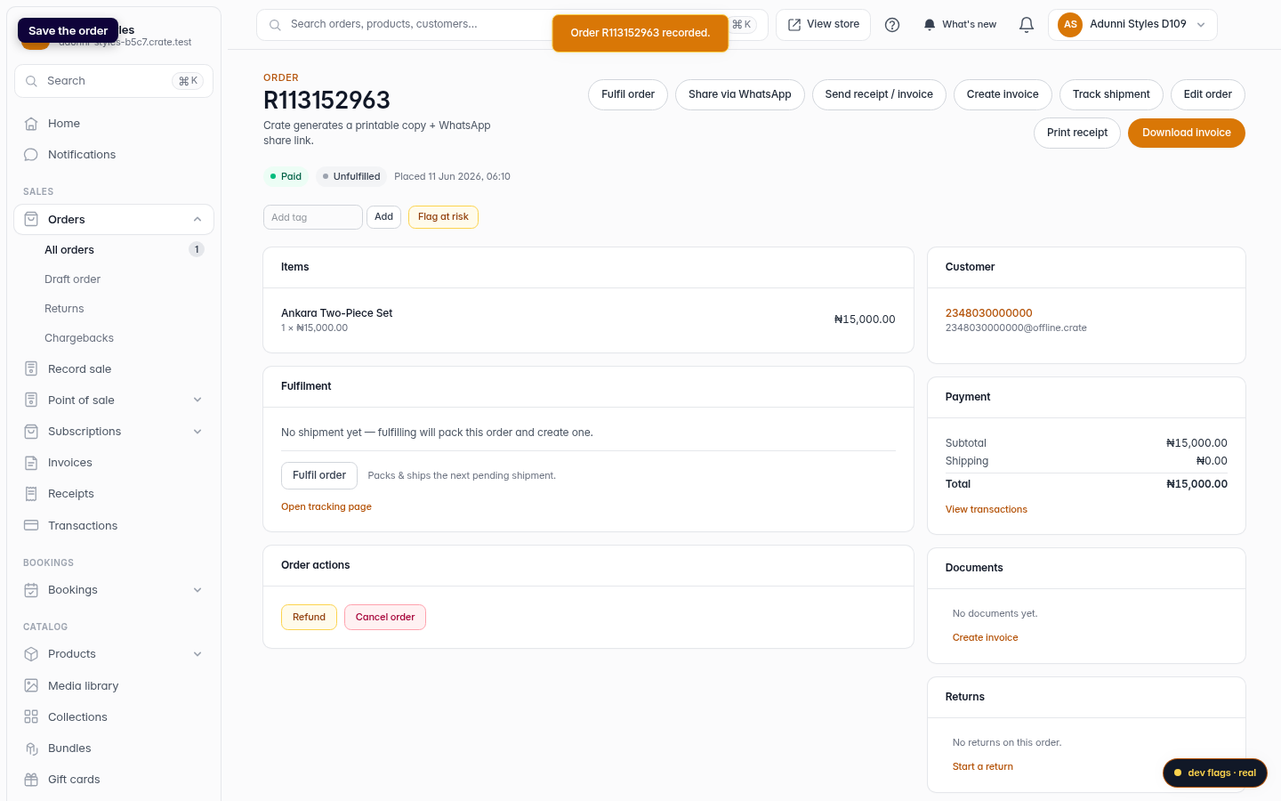 Creating an order, invoice or receipt: step 5 (web)