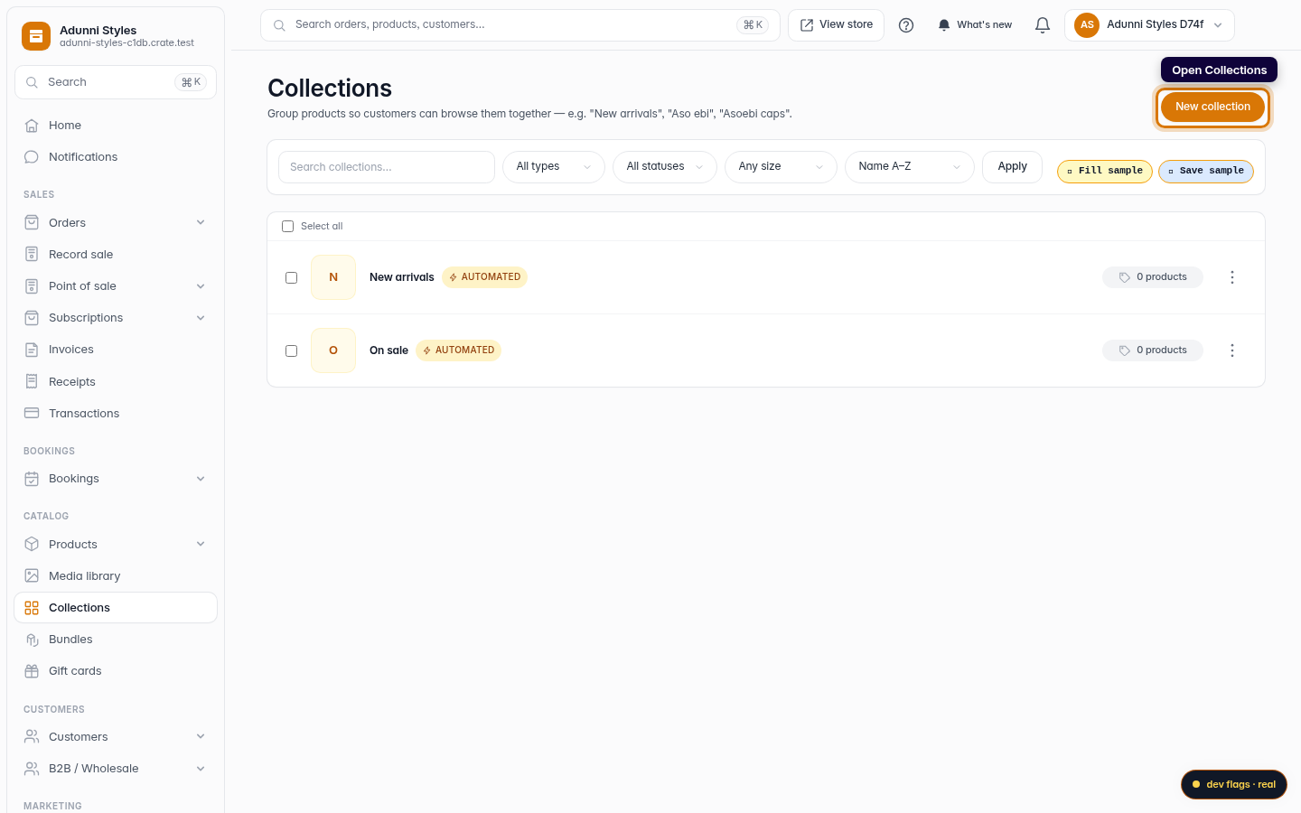 Creating and adding products to a collection: step 1 (web)