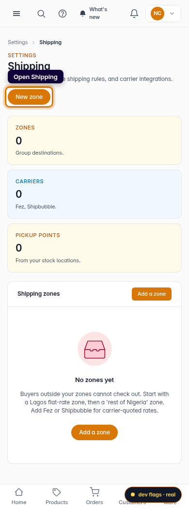 Create a delivery fee: step 1 (mobile)