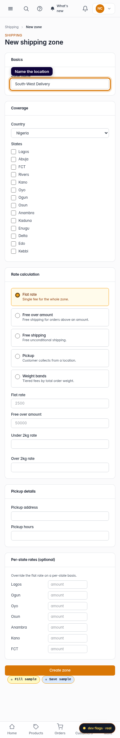 Create a delivery fee: step 3 (mobile)
