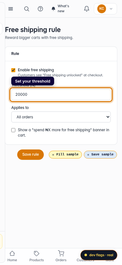 Set up free shipping: step 3 (mobile)