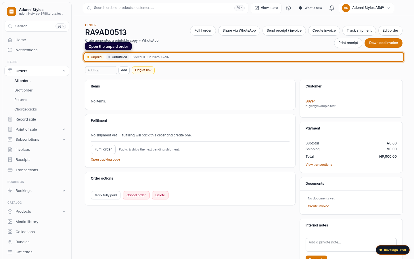 Deleting an order: step 1 (web)