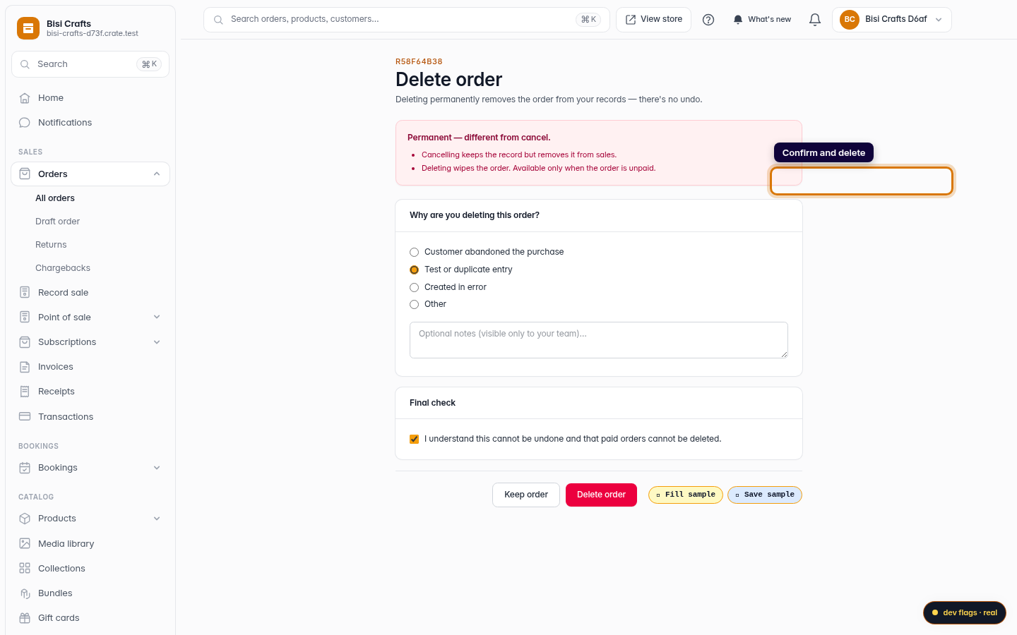 Delete an order: step 4 (web)