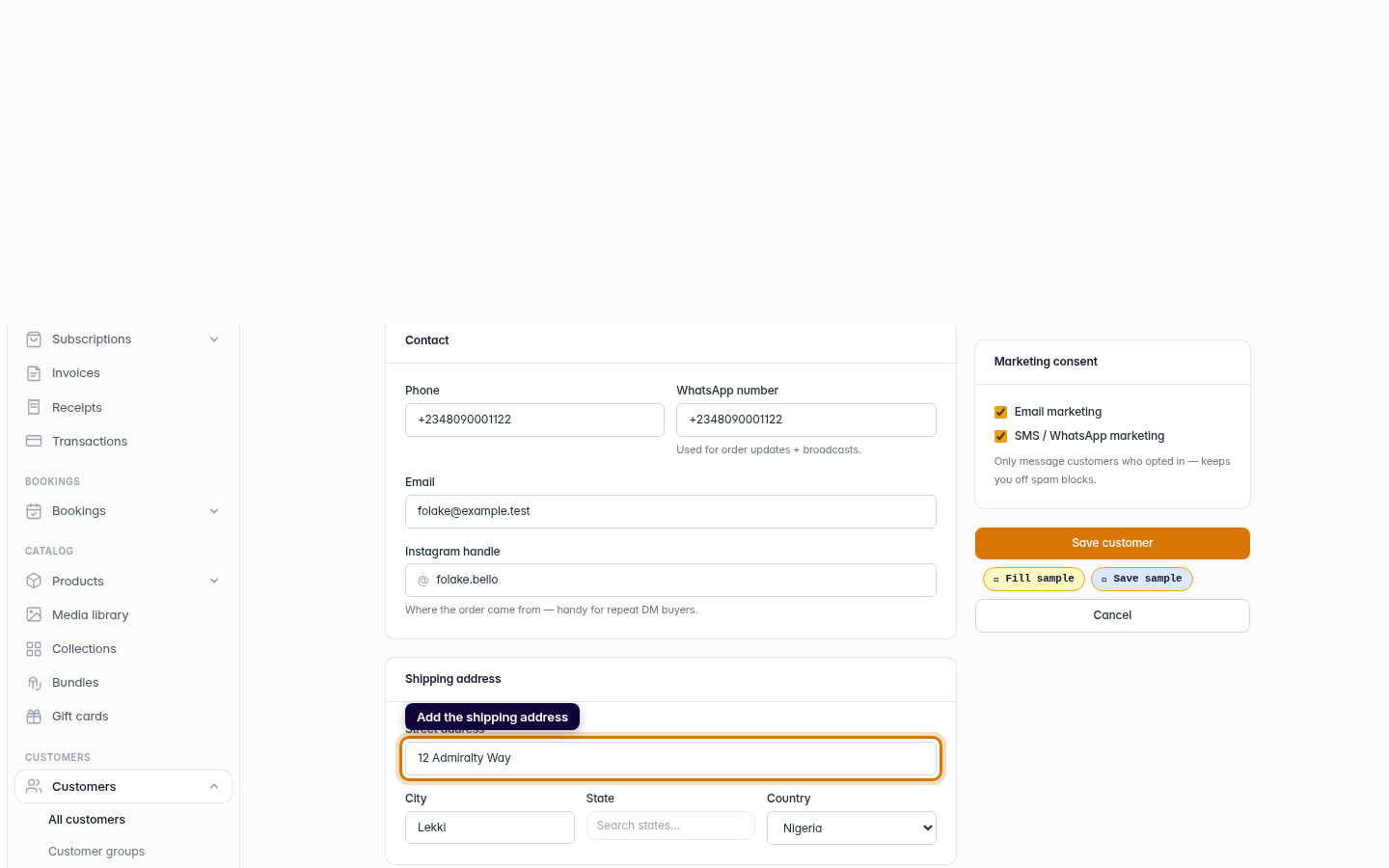 How to add a customer: step 5 (web)