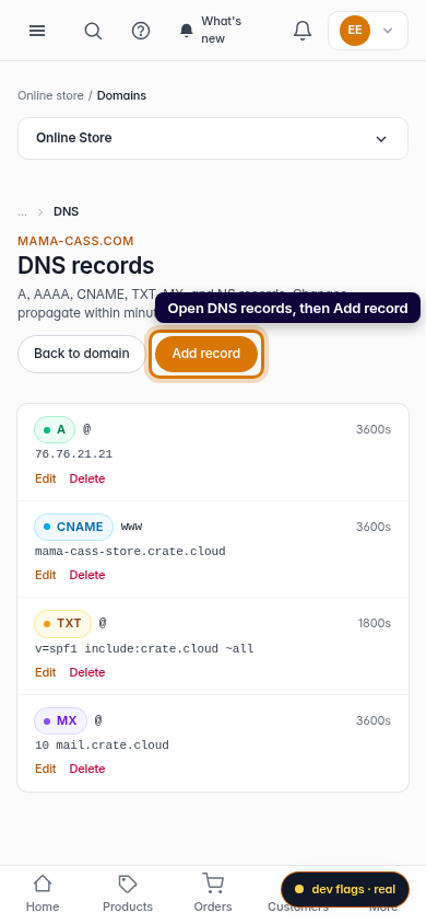 Add a DNS record to your custom domain: step 1 (mobile)