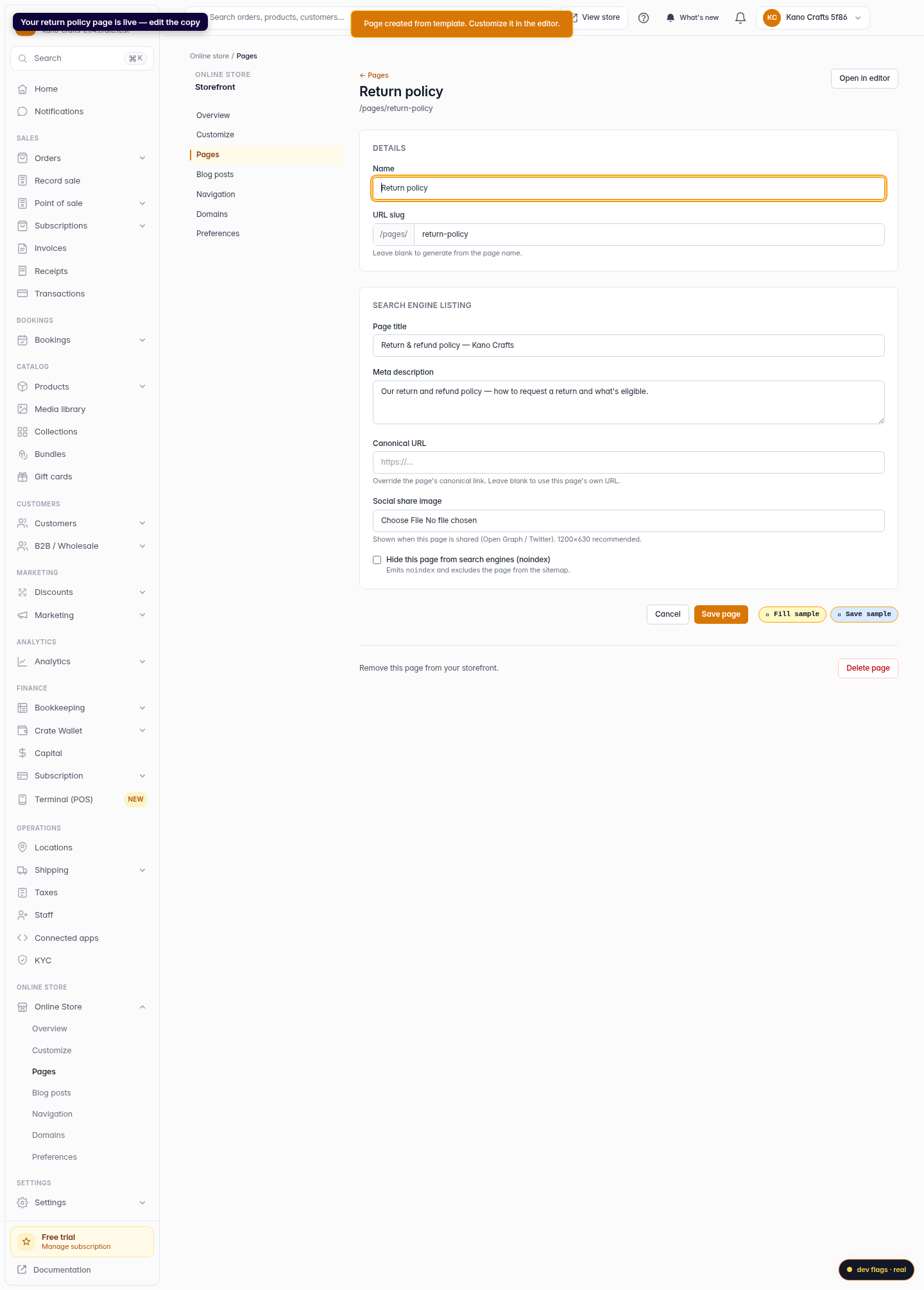 Add a return policy page: step 5 (web)