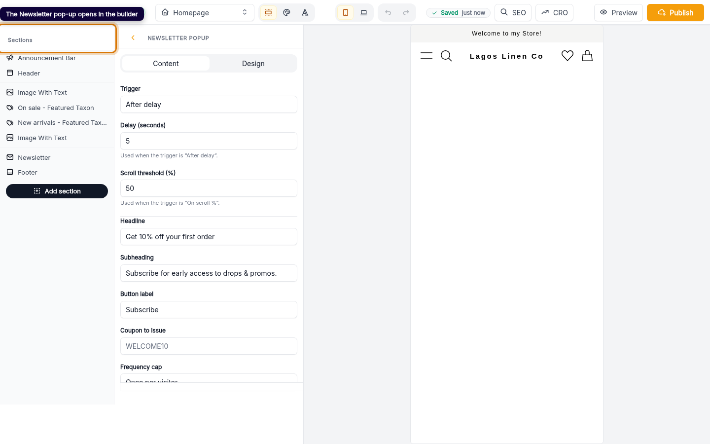 Add or edit your newsletter pop-up: step 2 (web)