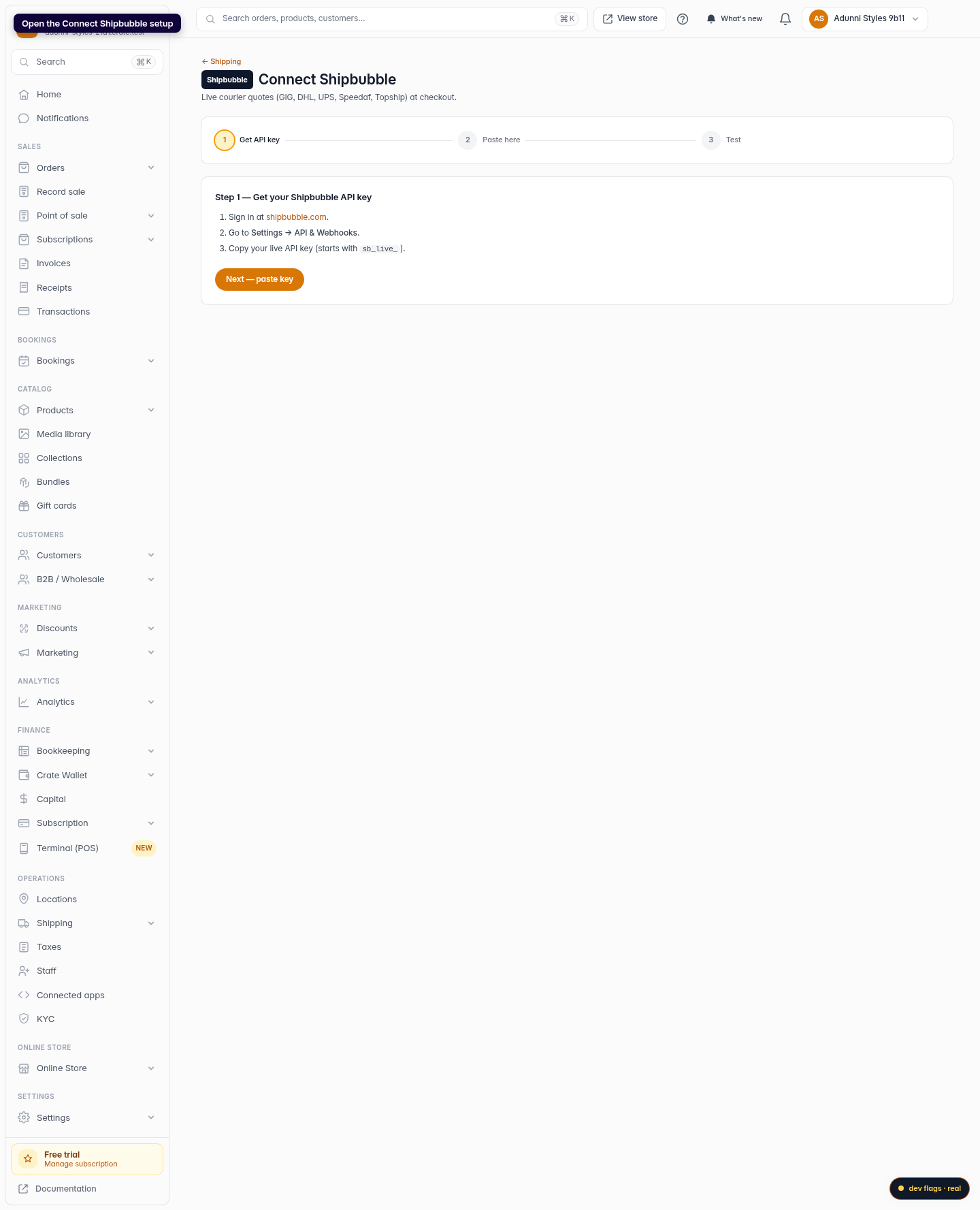 Connect Shipbubble for live shipping rates: step 1 (web)