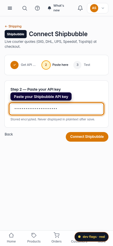 Connect Shipbubble for live shipping rates: step 3 (mobile)
