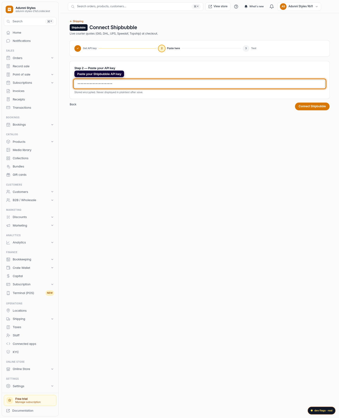 Connect Shipbubble for live shipping rates: step 3 (web)