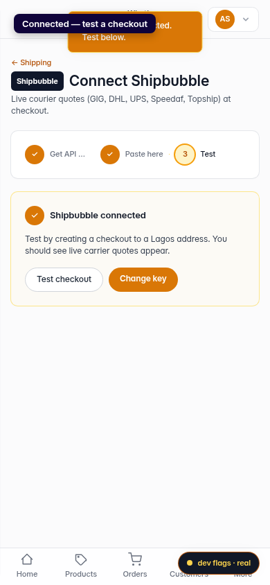 Connect Shipbubble for live shipping rates: step 4 (mobile)