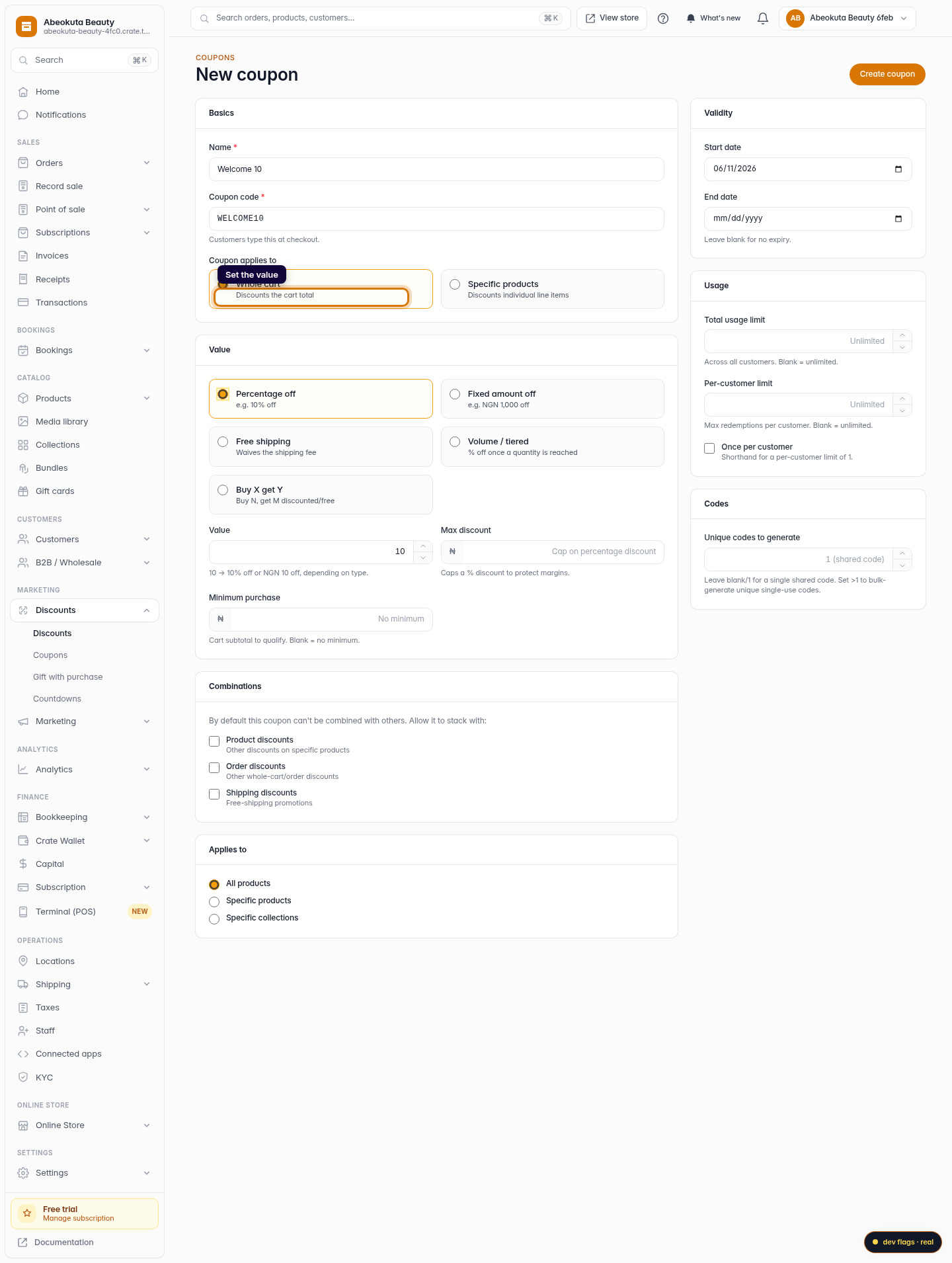 How to create a coupon: step 5 (web)