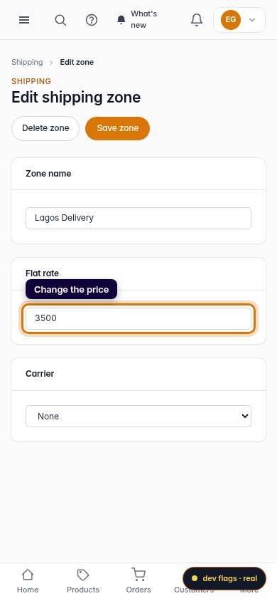 Delete or edit a shipping option: step 3 (mobile)