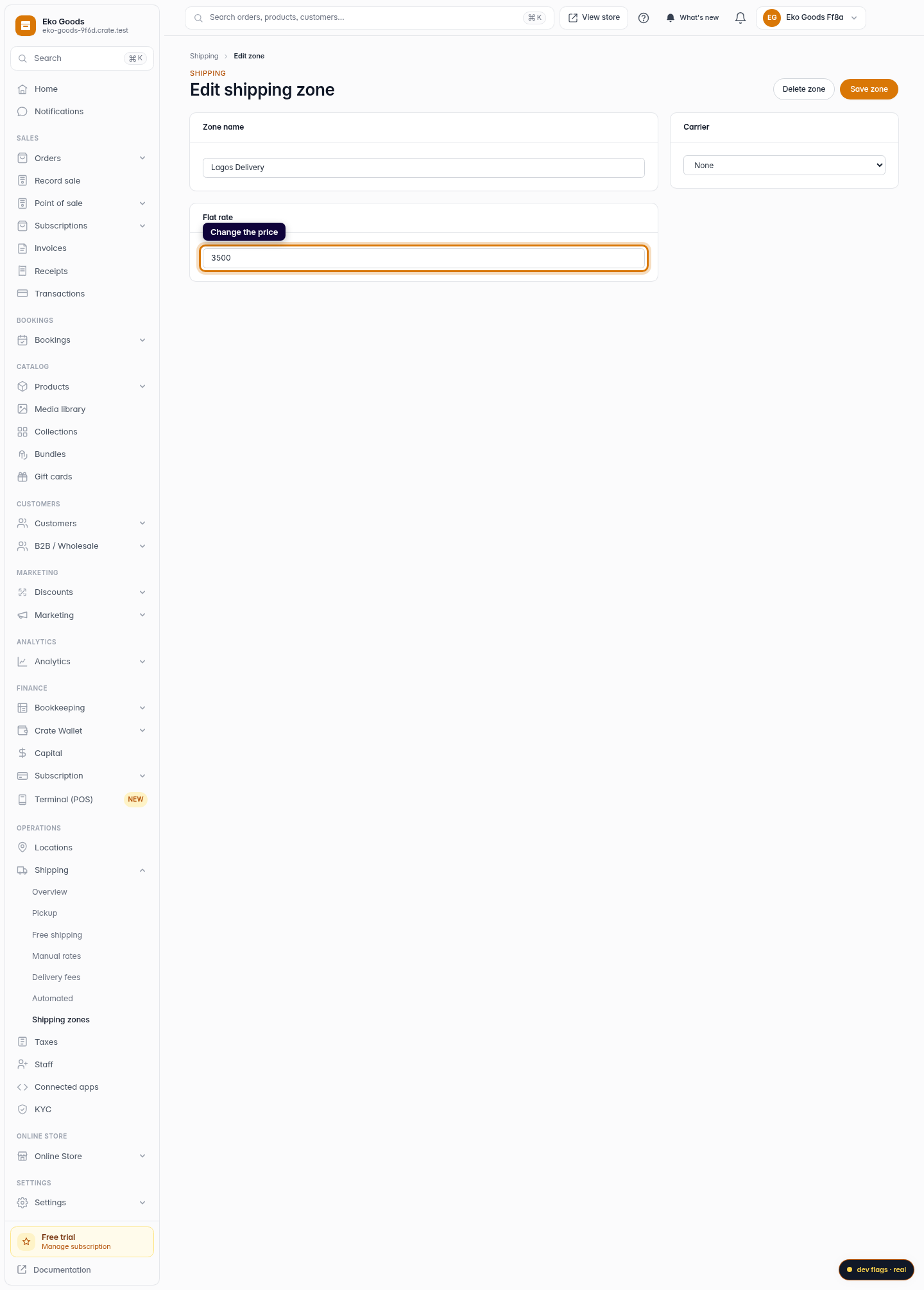 Delete or edit a shipping option: step 3 (web)