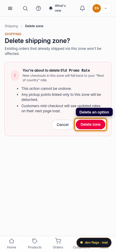 Delete or edit a shipping option: step 5 (mobile)
