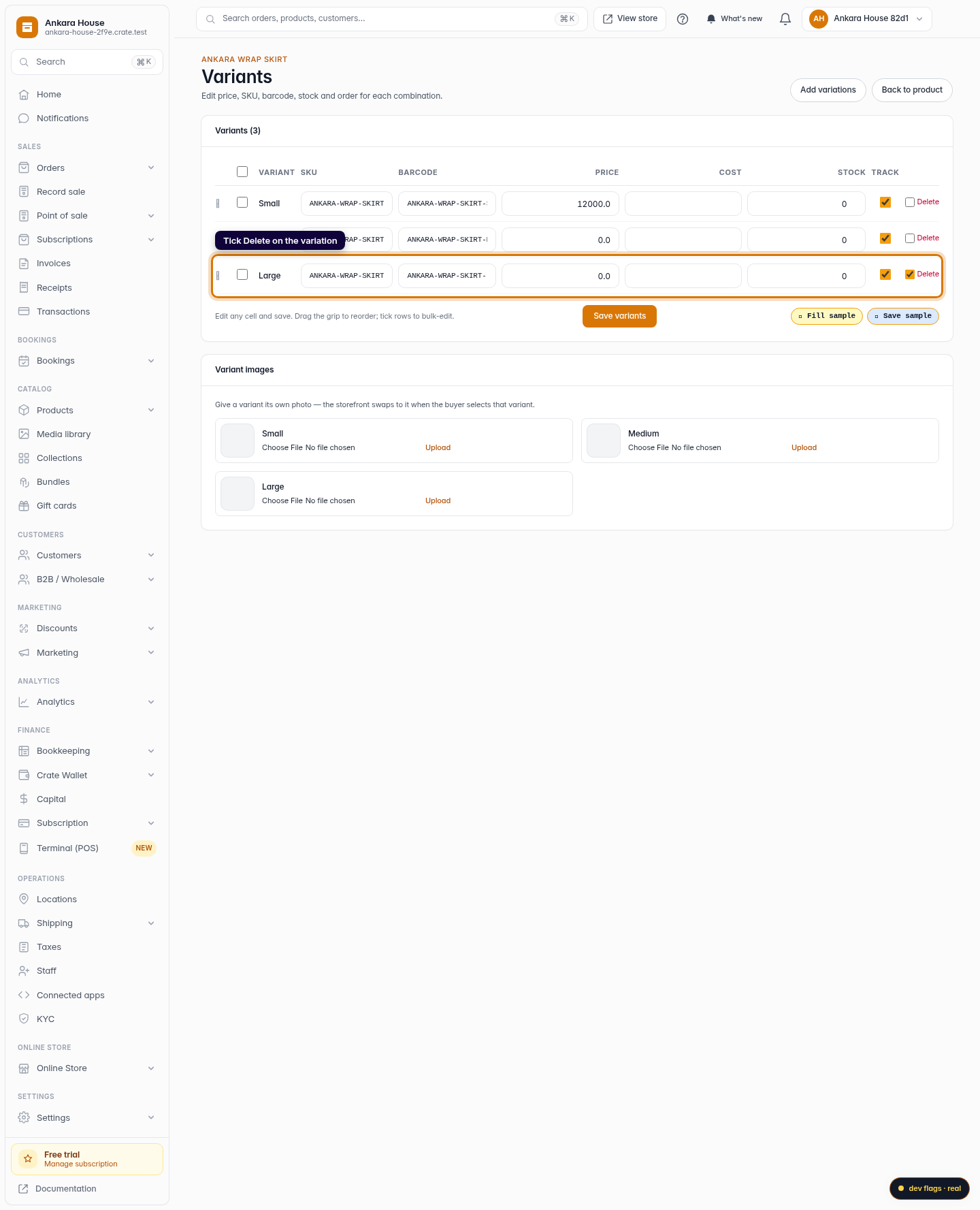 Delete a product variation: step 3 (web)