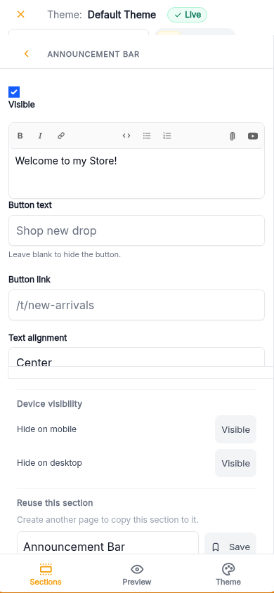 Edit your announcement bar text: step 1 (mobile)