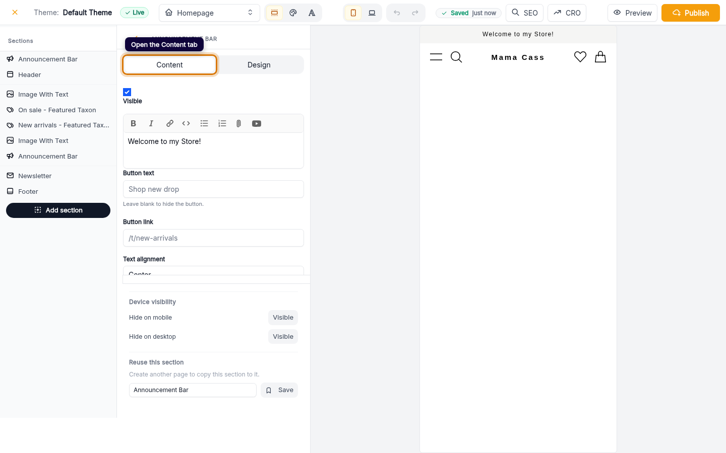 Edit your announcement bar text: step 2 (web)