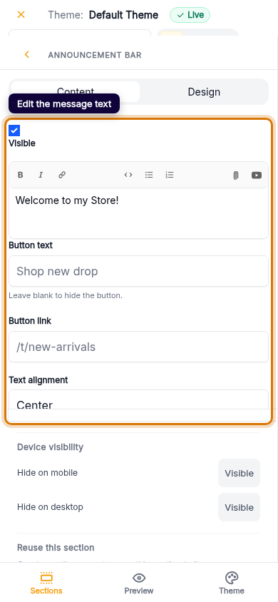 Edit your announcement bar text: step 3 (mobile)