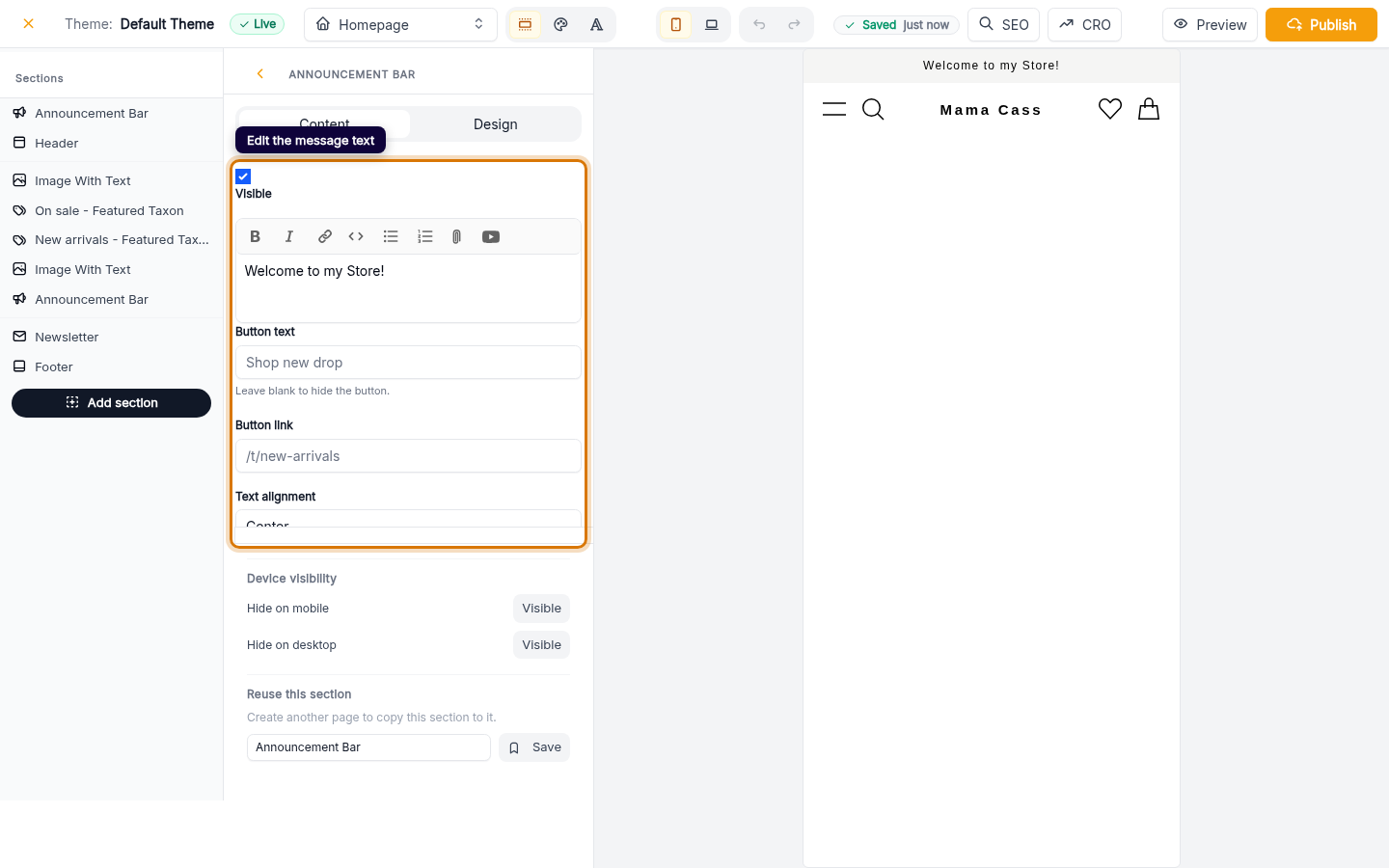Edit your announcement bar text: step 3 (web)