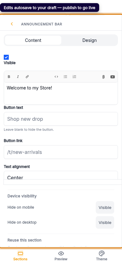 Edit your announcement bar text: step 5 (mobile)