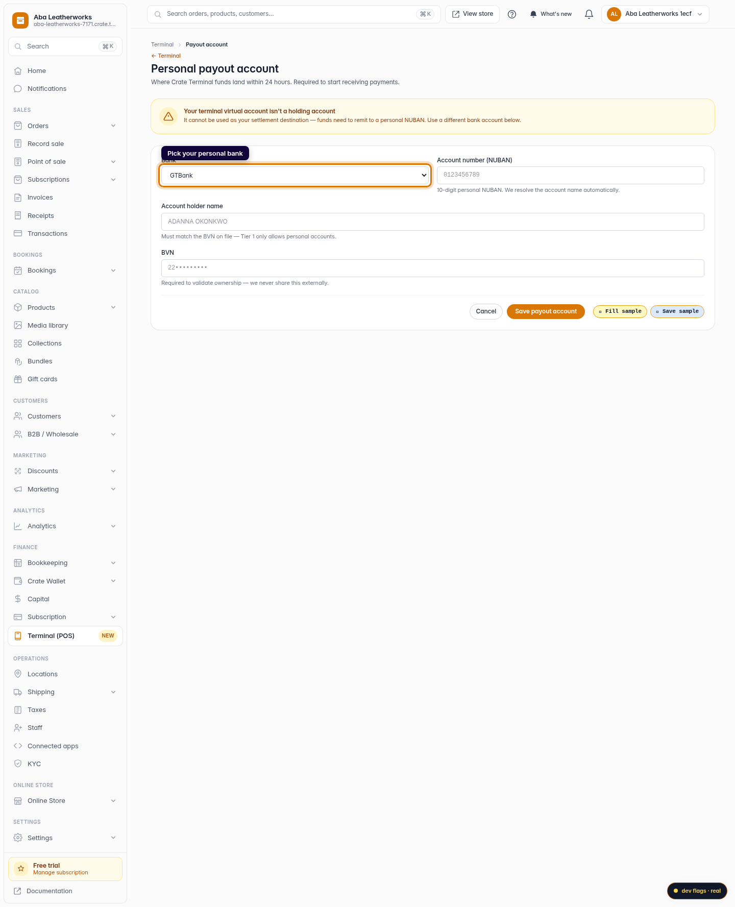 Upload your payout account for Terminal: step 3 (web)