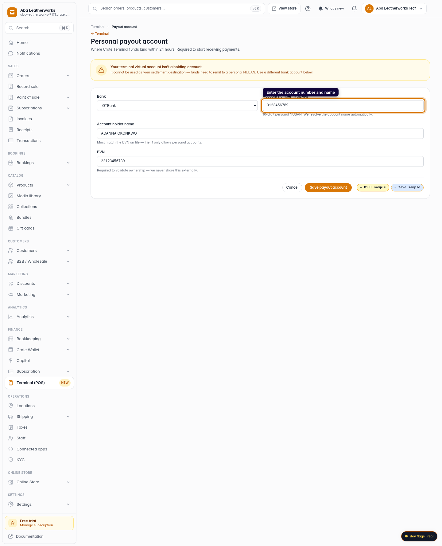 Upload your payout account for Terminal: step 4 (web)
