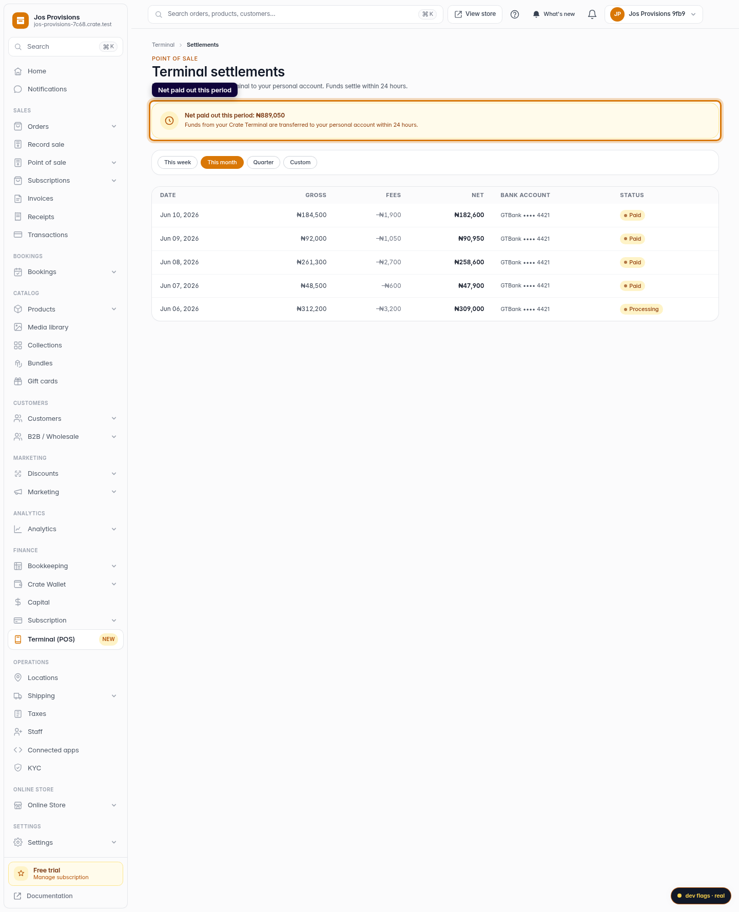 View your Terminal settlements: step 2 (web)