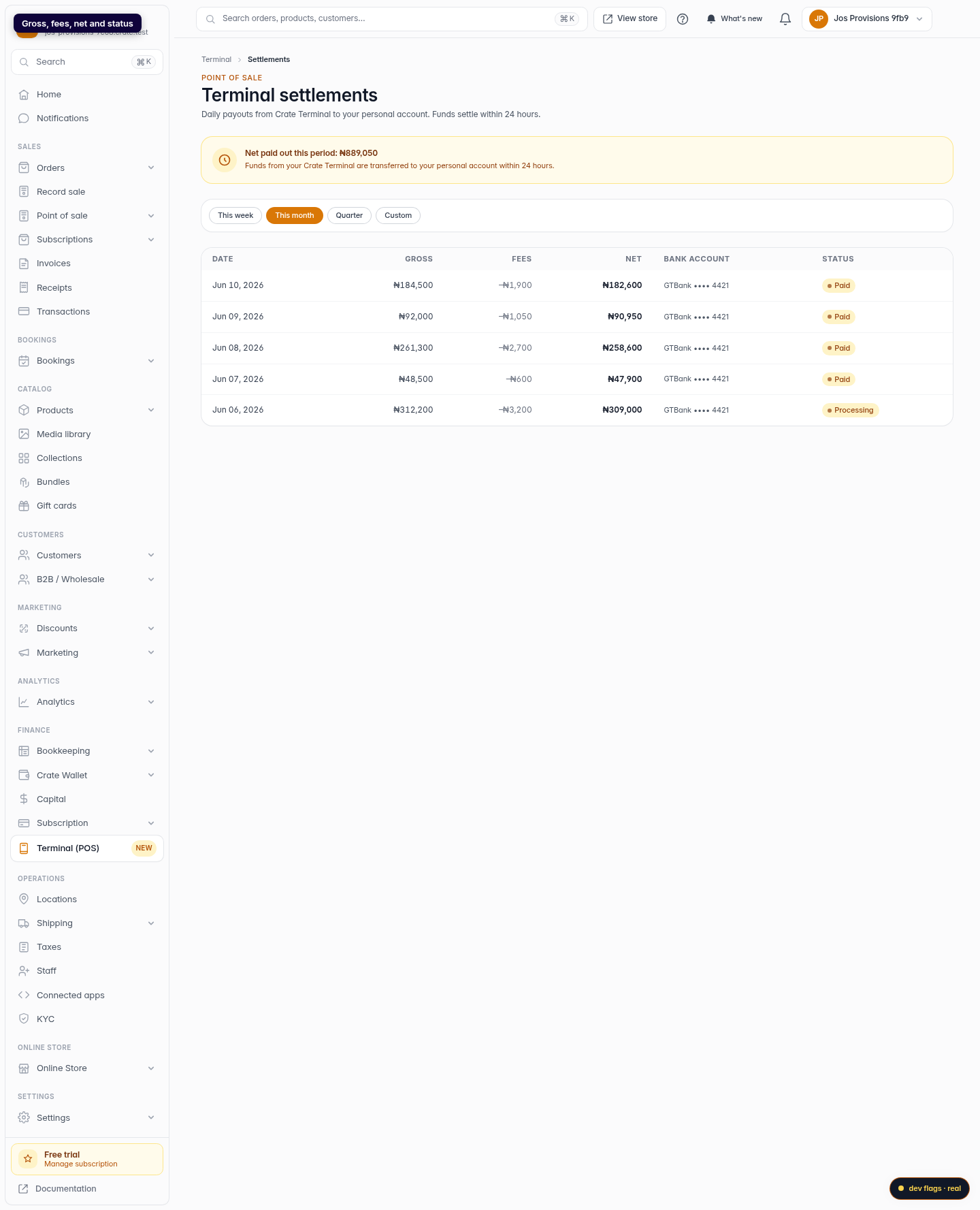 View your Terminal settlements: step 3 (web)