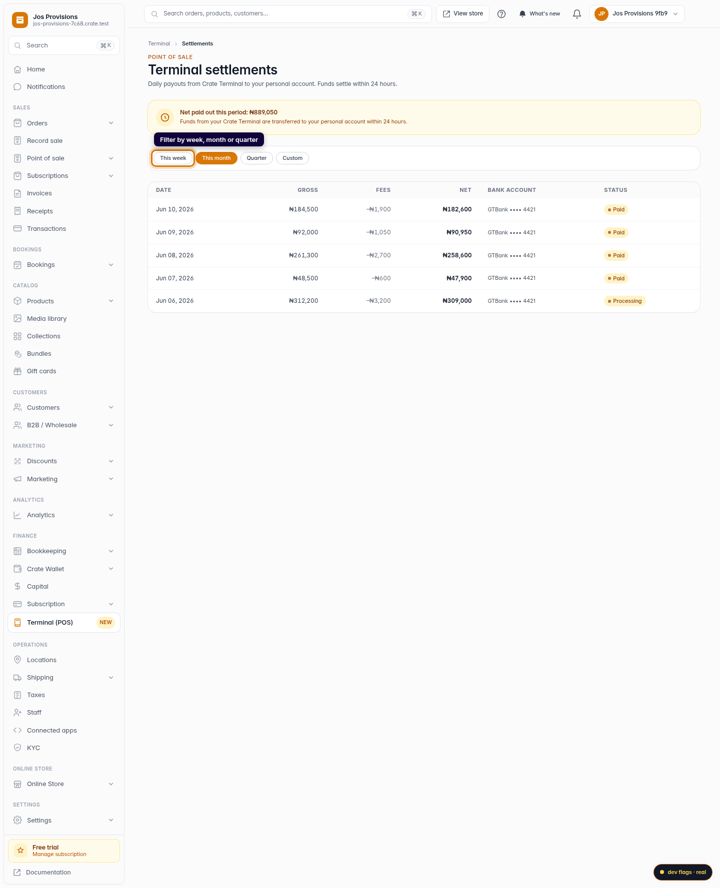 View your Terminal settlements: step 4 (web)